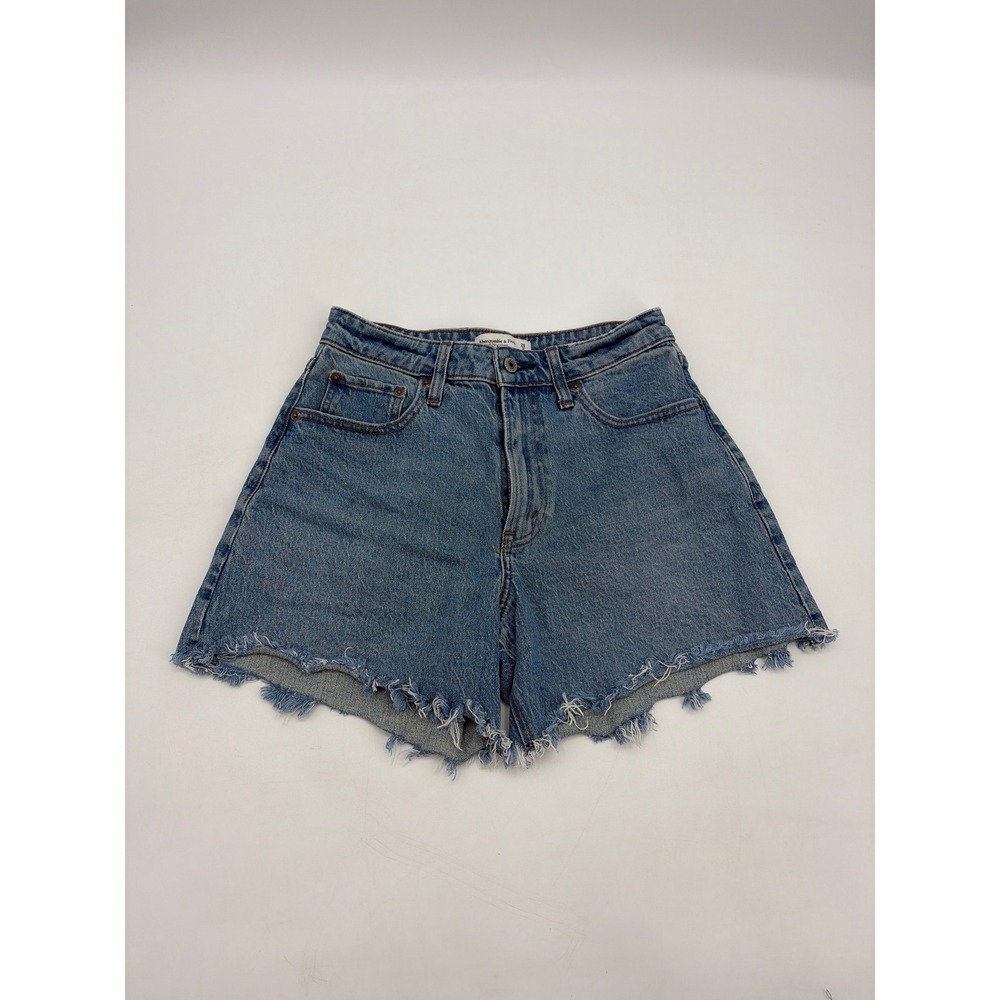 Abercrombie & Fitch Curve Love The Dad Short High Rise Blue Denim Raw Hem Siz 26